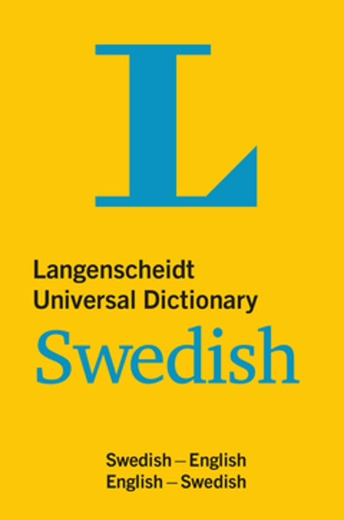 The yellow cover of the Langenscheidt Swedish Dictionary showcases a large blue L and blue and black text, providing a compact, pocket-sized resource with Swedish-English translations and easy-to-use phonetic transcriptions.