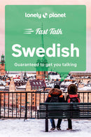 Two individuals sit on a bench overlooking a city with snowy rooftops and church spires. The text reads "Book: Fast Talk Swedish - Guaranteed to get you talking," an essential language guide.