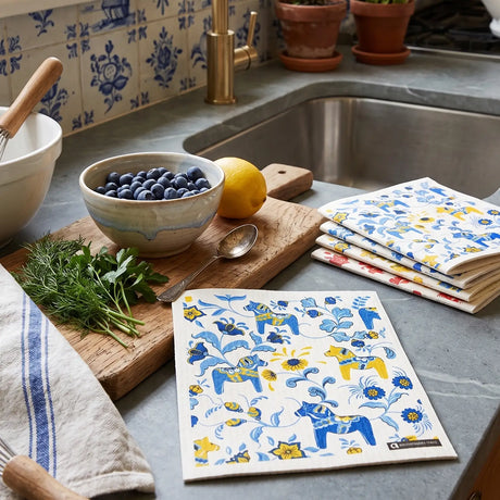 Dish Cloth: Leksand Mini Dala Horses - Blue & Yellow Swedish Dish Cloth