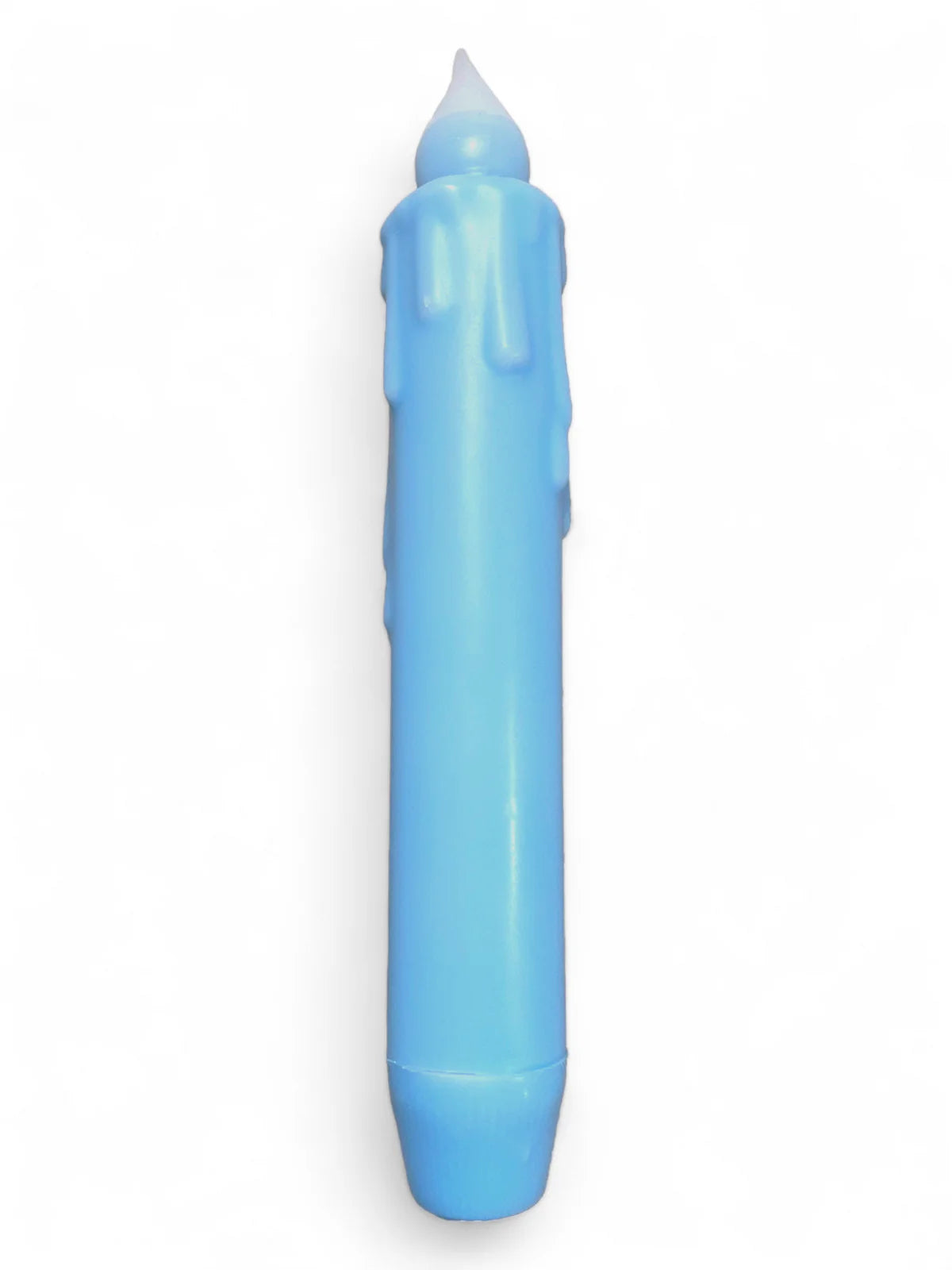 A 7 hand-dipped blue Beeswax LED tapered light with wax-like drips near the top and a white tip, set against a plain white background. Battery-operated with timer.