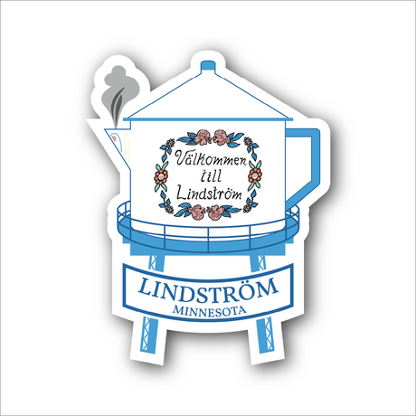 The Nordic Sticker features the iconic Lindström Water Tower as a Swedish coffee pot adorned with flowers, with Välkommen till Lindström in Swedish and Lindström, Minnesota in English. The 3x4-inch glossy sticker is UV and water-resistant, dishwasher safe, and easy to peel. Buy 3 Get 1 Free!.