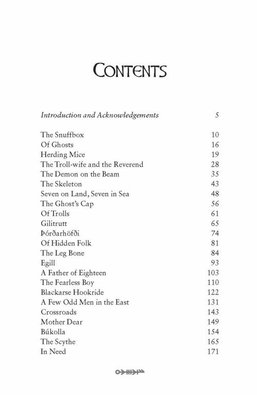 Table of contents listing chapters and corresponding page numbers from 5 to 171, featuring captivating folk tales from the "Icelandic Folk Tales" book in English translation.