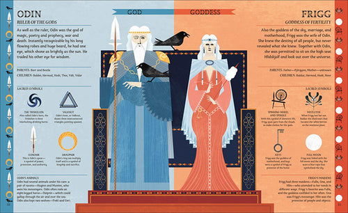 A beautifully illustrated portrayal of Norse deities Odin and Frigg alongside ravens, complete with text explaining their roles and symbols, ideal for enhancing the rich narrative of "Norse Myths: Meet the Gods, Monsters, & Heroes of the Vikings" in a children's book format.