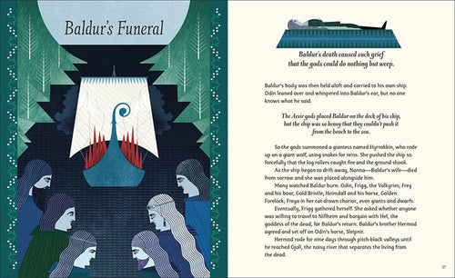 A page from the children's book "Norse Myths: Meet the Gods, Monsters, & Heroes of the Vikings" illustrates a ship consumed by flames with sorrowful figures, portraying Baldur's funeral from ancient Norse mythology. The accompanying text conveys the gods' grief and recounts the tale of launching the burning vessel into the sea, vividly bringing Norse myths to life for young readers.