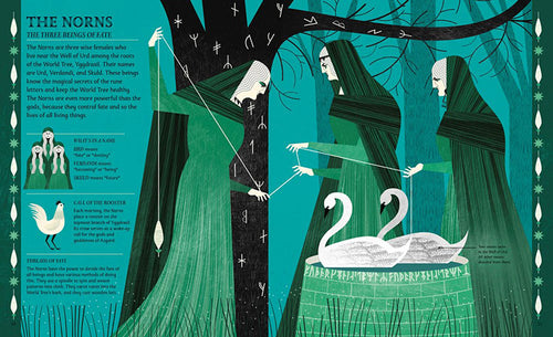 The illustrated children's book "Norse Myths: meet the Gods, Monsters, & Heroes of the Vikings" beautifully portrays an ancient Norse myth featuring three figures near a tree and a cauldron with swans, representing The Norns who control fate in Norse mythology.