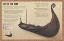 Illustration of a detailed Viking longboat with informational text about its structure and historical significance, featured in the book titled "Magnificent Book of Treasures Vikings.