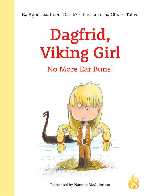 Standing on the grass, a cartoon character of a young Viking girl with long blonde braids captivates with her charm, donned in traditional Viking attire. In the backdrop, a Viking ship enhances the setting for this children's easy reader. The book's title is prominently displayed: Dagfrid, Viking Girl: No More Ear Buns!