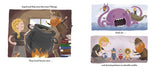 A woman and man cook stew as a child holds a kitten; an octopus surfaces nearby, and they dress kittens in costumes. These playful scenes appear in Viking Strong by Doug Cenko, the children's book about the Strongest Viking Contest.