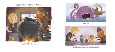 A woman and man cook stew as a child holds a kitten; an octopus surfaces nearby, and they dress kittens in costumes. These playful scenes appear in Viking Strong by Doug Cenko, the children's book about the Strongest Viking Contest.