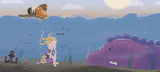 A girl with blonde hair sits underwater near a purple octopus and two cats, as a ship floats above and the sun shines, in an imaginative scene inspired by "Book-Final: Viking Strong" by Doug Cenko.