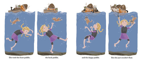 A girl in a wetsuit, inspired by "Book-Final: Viking Strong by Doug Cenko," tries various swimming strokes underwater—front paddle, back paddle, doggy paddle—but can't float, as shown in a four-panel illustration.