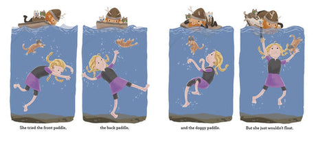 A girl in a wetsuit, inspired by "Book-Final: Viking Strong by Doug Cenko," tries various swimming strokes underwater—front paddle, back paddle, doggy paddle—but can't float, as shown in a four-panel illustration.