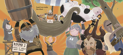 In Doug Cenko’s book "Viking Strong," a group of cartoon characters—including a cow—compete outdoors in the “Round 1: Lifting of Really Heavy Things!” contest.