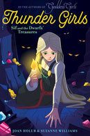 Sif, a girl with long blonde hair from Norse mythology, holds a glowing gem in a jewel-filled cave. Above her is the title: Book: Thunder Girls #2 - Sif & the Dwarfs' Treasures, ideal for Goddess Girls fans.