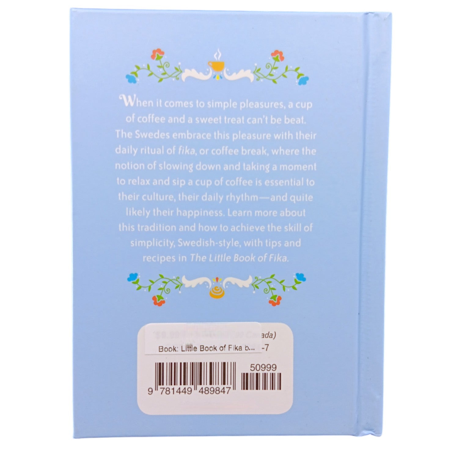 Back cover of Little Book of Fika by Lynda Balslev with a description of Swedish coffee culture, decorative touches, and two barcode stickers—offering an inviting glimpse into the cherished Swedish coffee break tradition.