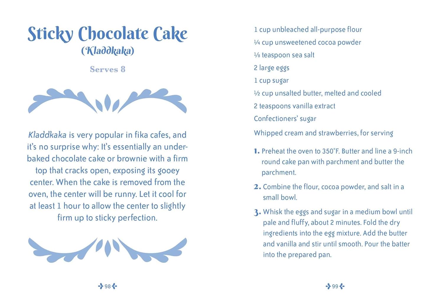 Recipe card for Sticky Chocolate Cake (Kladdkaka), featured in "Little Book of Fika" by Lynda Balslev, with ingredients, steps, and a dessert description, perfect for enjoying during a Swedish coffee break.