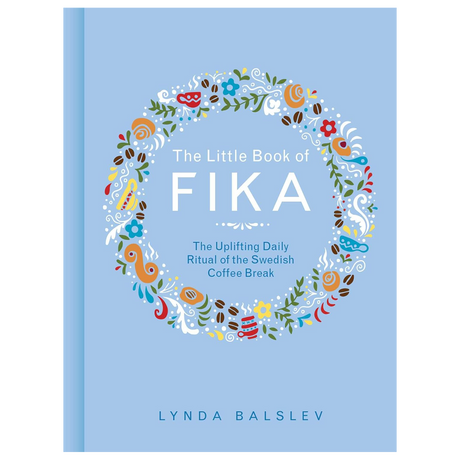 Light blue cover book, "Little Book of Fika" by Lynda Balslev, features a decorative coffee bean and flower design—an ideal guide to the Swedish coffee break and Scandinavian treats.