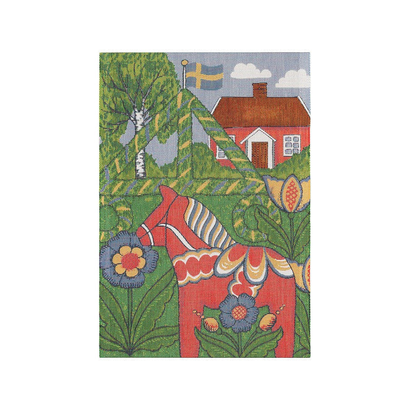 Product Title Kitchen Towel: "Folkfest" Swedish Dala Horse Midsommar 100% Organic Cotton Kitchen Towel