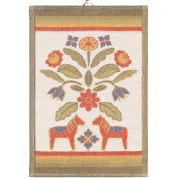 A 14x20 tea towel by Eckeland Master Weavers, featuring two vibrant orange Dala horses with Swedish flowers and geometric patterns in rich red, orange, blue, and green hues, crafted from organic cotton.