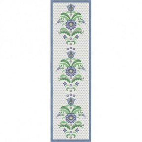 The Bla Kurbits or Blue Flowers Table Runner by Ekelund Master Weavers, made from organic cotton, showcases a rectangular pattern with vertical blue and green floral designs bordered by a thin blue line, bringing elegance to any dining setting.