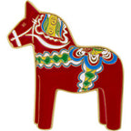 Red Dala horse pin with blue, green, and white rosemaling patterns.
