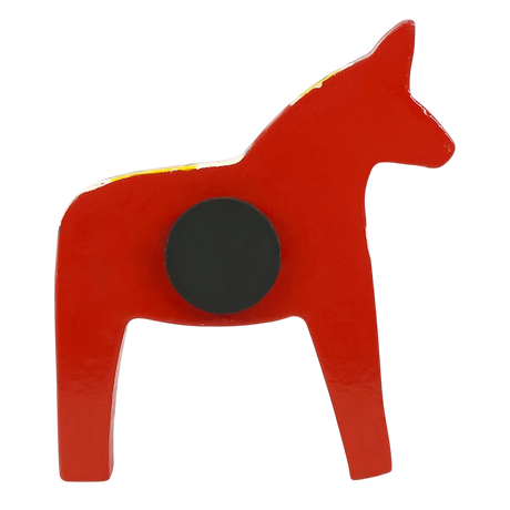 Red wooden Dala Horse magnet with a black circular spot on its side, displayed against a plain white background.