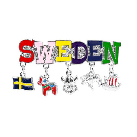 The Sweden Magnet showcases five delightful charms: a blue and yellow flag, a red Dala horse, a Viking helmet, an elk, and a Viking ship.