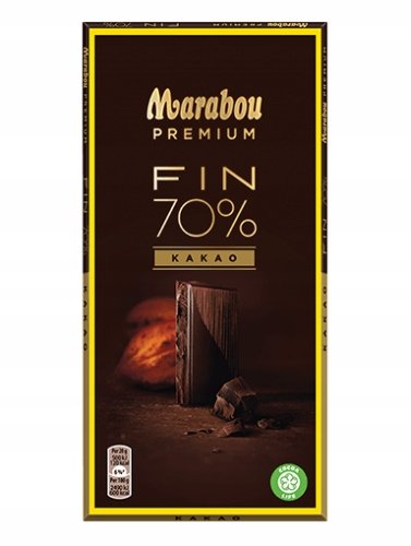 A 100g Marabou Premium FIN 70% KAKAO Swedish Dark Chocolate bar in dark brown packaging, highlighting a rich piece of chocolate—an elegant treat with 70% cocoa content.