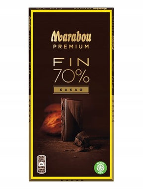 A 100g Marabou Premium FIN 70% KAKAO Swedish Dark Chocolate bar in dark brown packaging, highlighting a rich piece of chocolate—an elegant treat with 70% cocoa content.