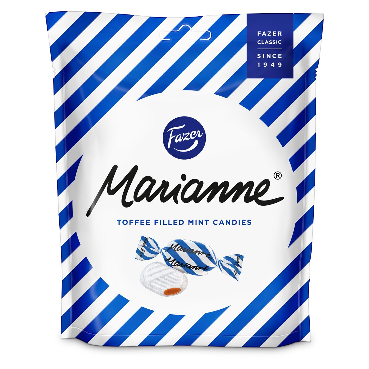 A 220g bag of Fazer Marianne Toffee Filled Mint Candies, a classic Finnish treat with blue and white striped packaging and signature branding.