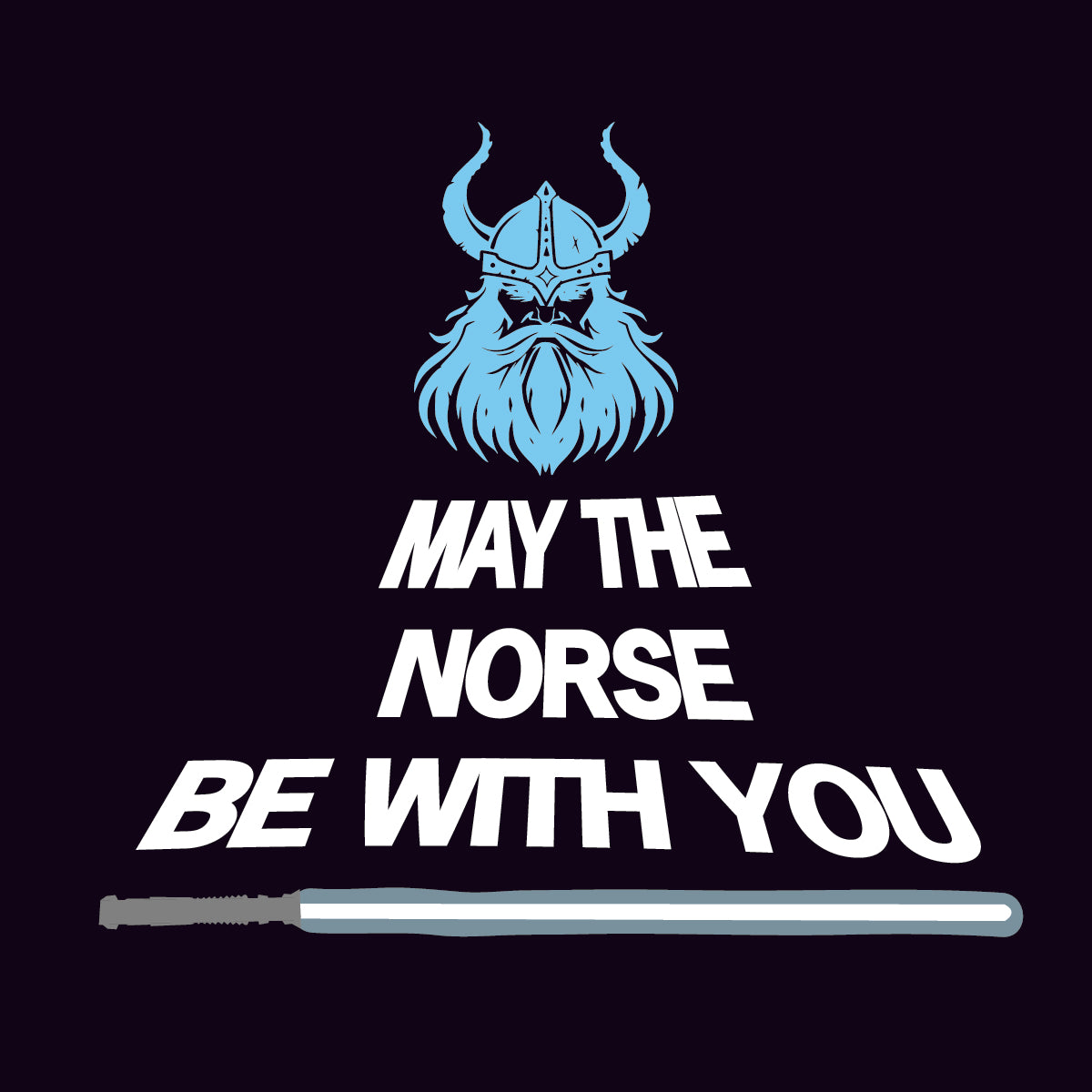 The product "Sticker: May The Norse Be With You" is a 3" x 3" sticker showcasing an illustration of a Viking helmeted figure above the phrase, complemented by a lightsaber below.