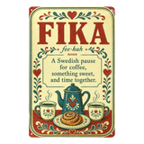 Vintage metal wall sign featuring the word “FIKA” with its definition, illustrations of coffee, cinnamon rolls, and floral Scandinavian-style mugs.