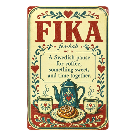 Vintage metal wall sign featuring the word “FIKA” with its definition, illustrations of coffee, cinnamon rolls, and floral Scandinavian-style mugs.