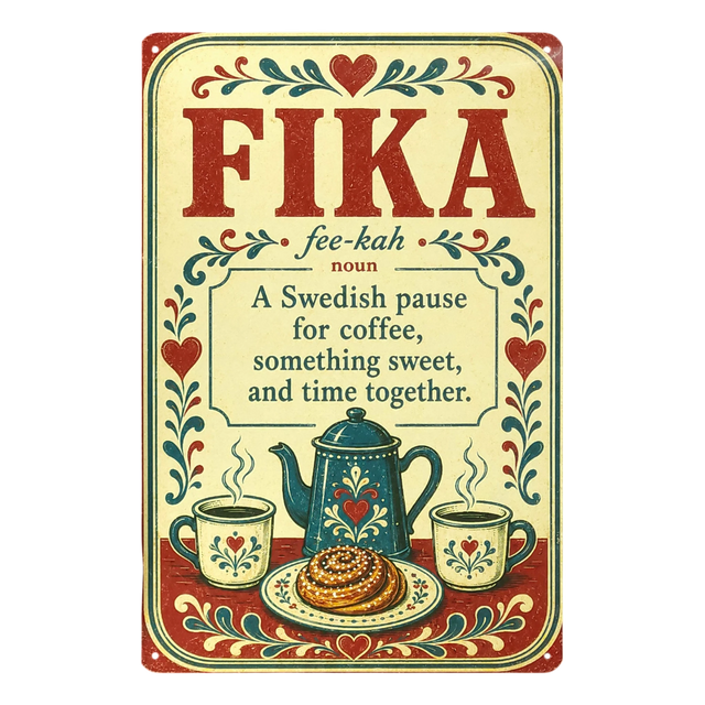 Vintage metal wall sign featuring the word “FIKA” with its definition, illustrations of coffee, cinnamon rolls, and floral Scandinavian-style mugs.
