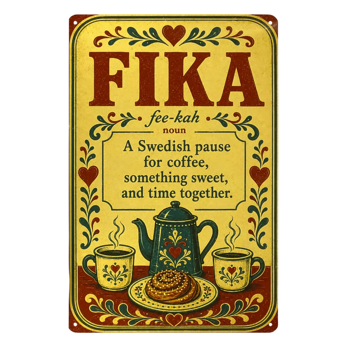 Vintage metal sign with the word FIKA, its pronunciation, and a definition of a Swedish coffee break, illustrated with a teapot, two mugs, and a cinnamon bun.