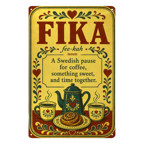 Vintage metal sign with the word FIKA, its pronunciation, and a definition of a Swedish coffee break, illustrated with a teapot, two mugs, and a cinnamon bun.