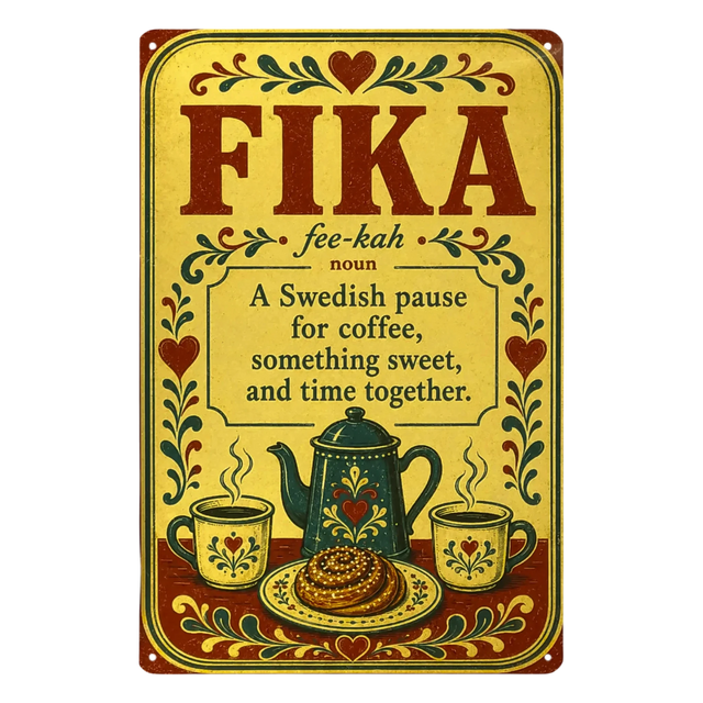 Vintage metal sign with the word FIKA, its pronunciation, and a definition of a Swedish coffee break, illustrated with a teapot, two mugs, and a cinnamon bun.