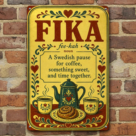 Rectangular metal sign featuring the definition of Swedish fika, decorated with rosemaling, a coffee pot, two mugs, and a cinnamon bun.