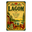 Vintage metal sign featuring the word Lagom, its definition, and a Scandinavian scene with a red cabin, a Swedish flag, and two chairs.