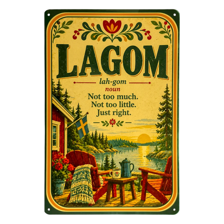 Vintage metal sign featuring the word Lagom, its definition, and a Scandinavian scene with a red cabin, a Swedish flag, and two chairs.