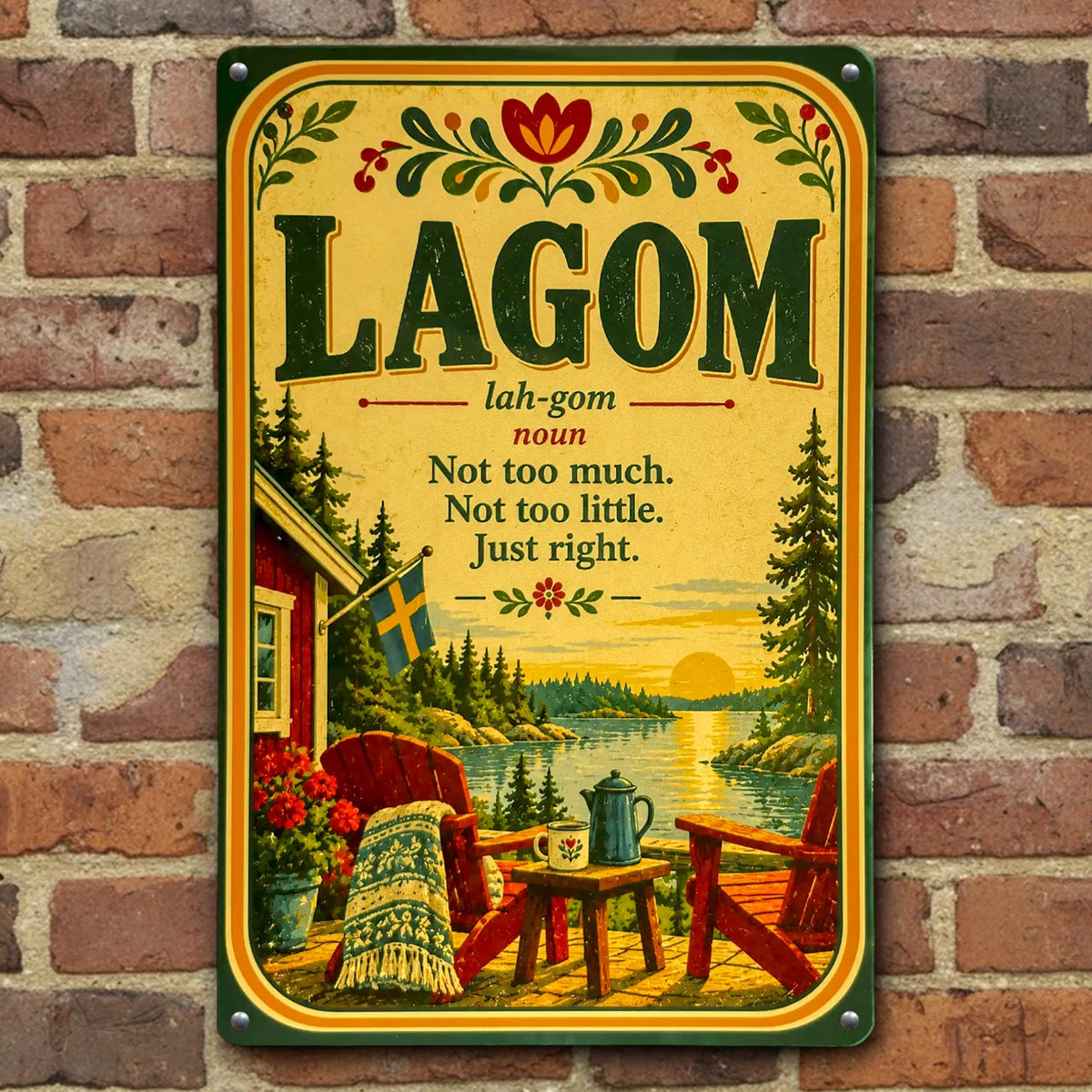 Metal sign featuring the Swedish word Lagom, illustrated with a lake house, chairs on a deck, and a Swedish flag in a vintage Scandinavian style.