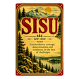 Wall decor sign featuring the word SISU, its pronunciation, and definition above a Nordic mountain lake landscape illustration.