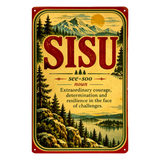 Wall decor sign featuring the word SISU, its pronunciation, and definition above a Nordic mountain lake landscape illustration.