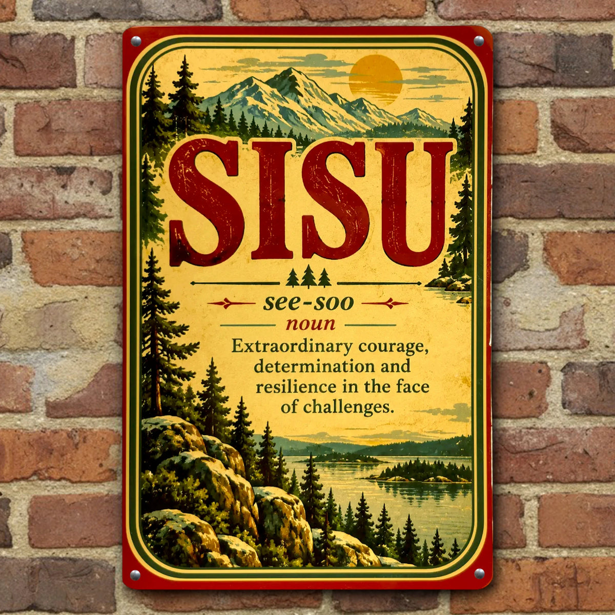 A metal sign depicting a Finnish landscape with mountains, a lake, and a forest, displaying the word SISU along with its pronunciation and definition.