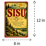 Rectangular metal sign displaying a mountain landscape and the definition of Sisu.