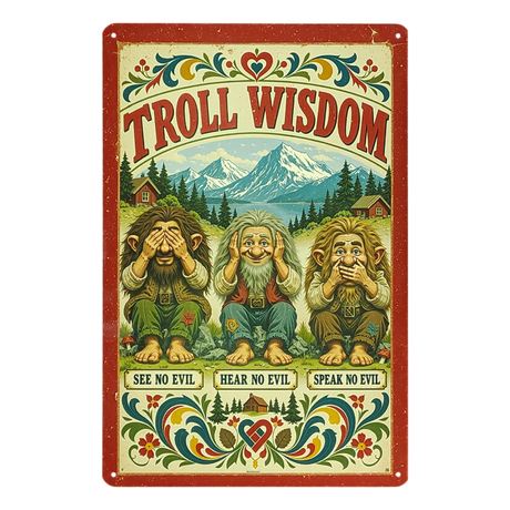 Scandinavian-style sign featuring three trolls in see no evil, hear no evil, speak no evil poses by mountains, with “Troll Wisdom” text, flowers, and heart motifs.