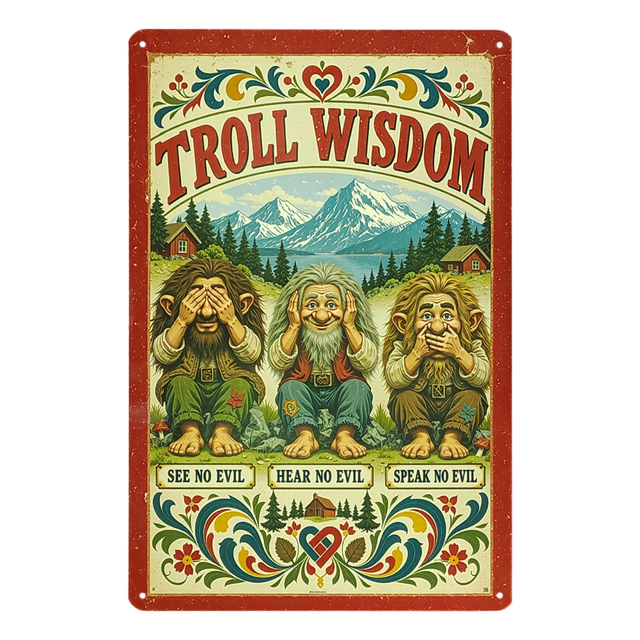 Scandinavian-style sign featuring three trolls in see no evil, hear no evil, speak no evil poses by mountains, with “Troll Wisdom” text, flowers, and heart motifs.