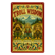 Metal sign depicting three trolls performing see-no-evil, hear-no-evil, and speak-no-evil, set against a mountain landscape with Nordic decor and kurbits floral borders.