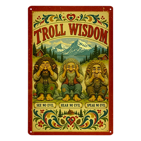 Metal sign depicting three trolls performing see-no-evil, hear-no-evil, and speak-no-evil, set against a mountain landscape with Nordic decor and kurbits floral borders.