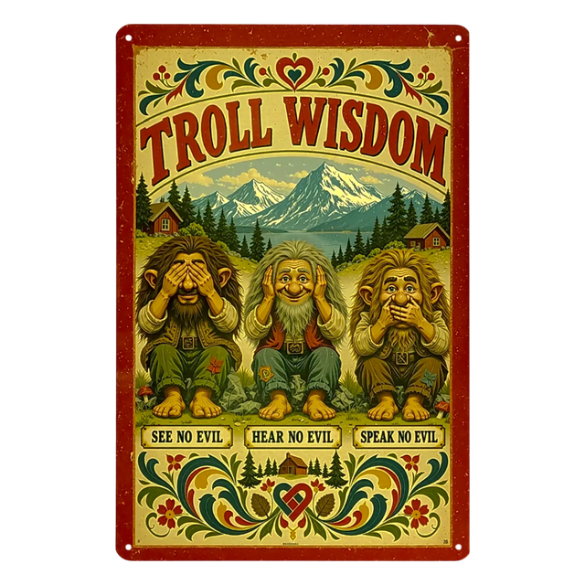 Metal sign depicting three trolls performing see-no-evil, hear-no-evil, and speak-no-evil, set against a mountain landscape with Nordic decor and kurbits floral borders.